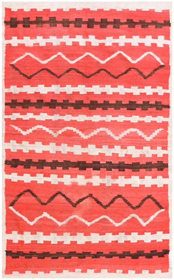 Antique american navajo rug 4'4"ã—7'2" bright red ground, ivory border, transitional period, circa 1890
