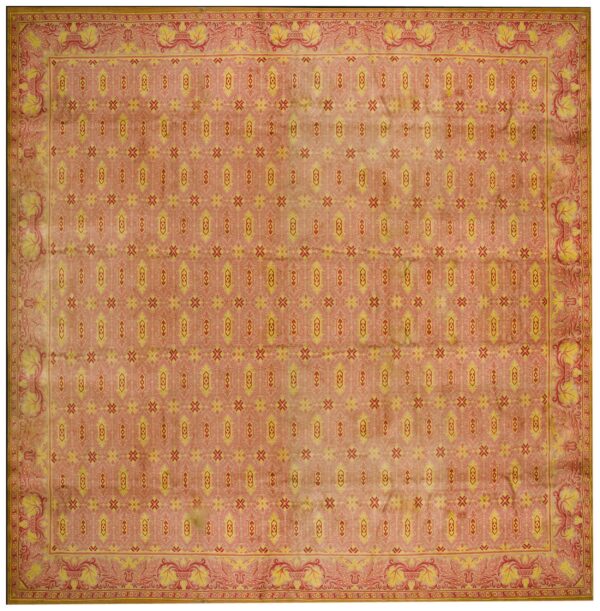 Antique austrian savonnerie carpet 19'10"ã—20'8" pink rose, square format, circa 1930