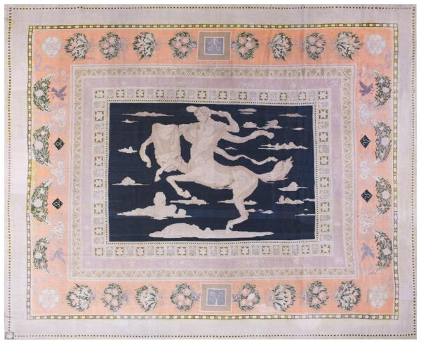 Antique bessarabian carpet 11'6"×14' black field with centaur, flat-weave, circa 1890