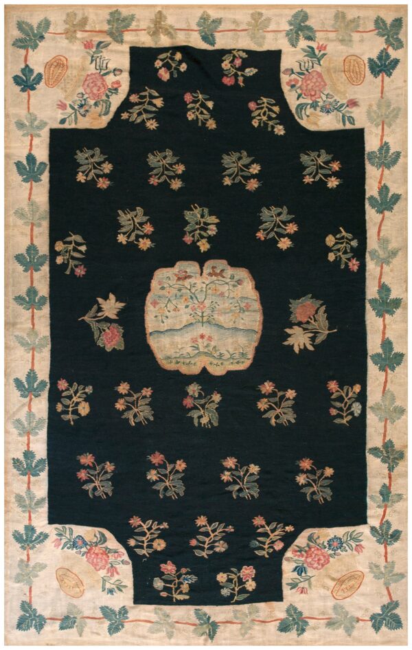 Antique bessarabian flat-weave carpet 7'3"×11'4" black medallion, ivory border, 18th century / circa 1750