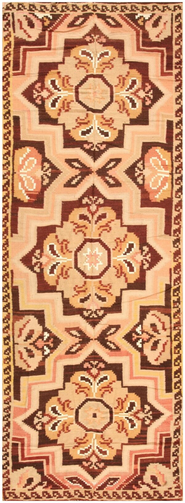 Antique bessarabian flat-weave carpet 5'2"×13'7" dusty rose & olive, circa 1925