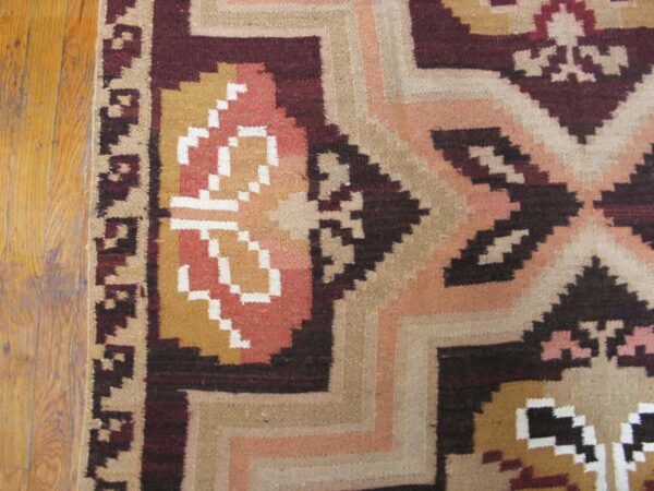 Antique bessarabian flat-weave carpet 5'2"×13'7" dusty rose & olive, circa 1925 - detail view 2