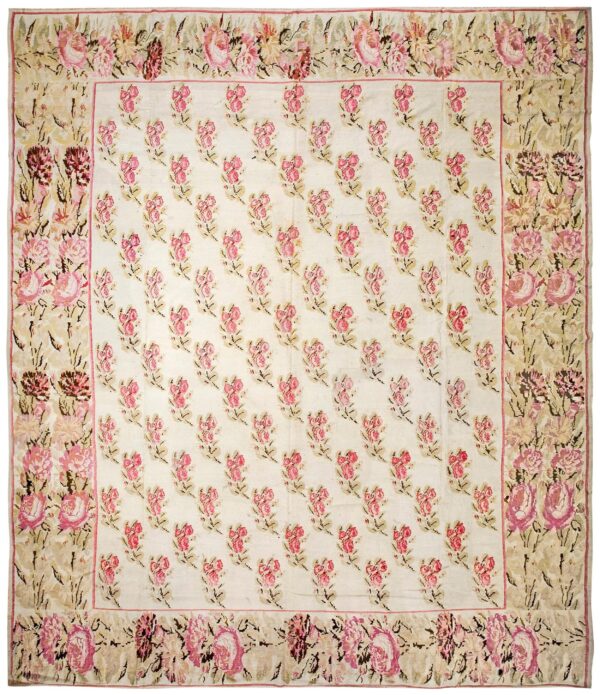 Antique bessarabian flat-weave carpet 12'10"×14'6" ivory floral, mid-19th century, circa 1850