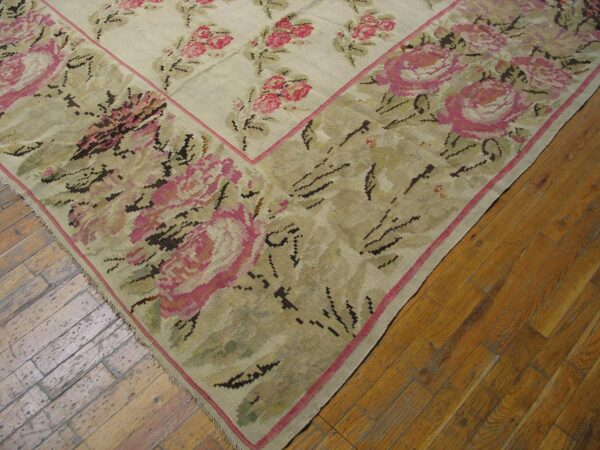Antique bessarabian flat-weave carpet 12'10"×14'6" ivory floral, mid-19th century, circa 1850 - detail view 1