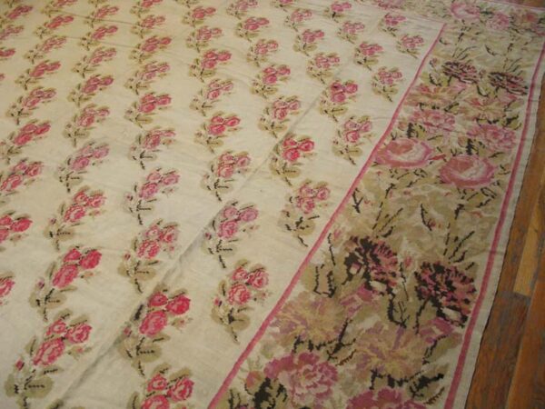 Antique bessarabian flat-weave carpet 12'10"×14'6" ivory floral, mid-19th century, circa 1850 - detail view 2