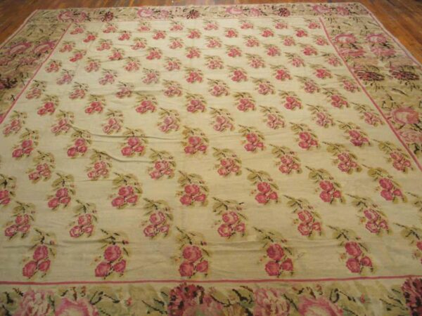 Antique bessarabian flat-weave carpet 12'10"×14'6" ivory floral, mid-19th century, circa 1850 - detail view 4