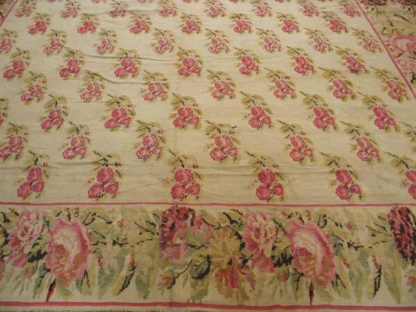 Antique bessarabian flat-weave carpet 12'10"×14'6" ivory floral, mid-19th century, circa 1850 - detail view 5