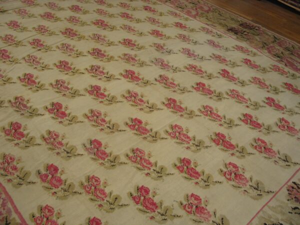 Antique bessarabian flat-weave carpet 12'10"×14'6" ivory floral, mid-19th century, circa 1850 - detail view 7