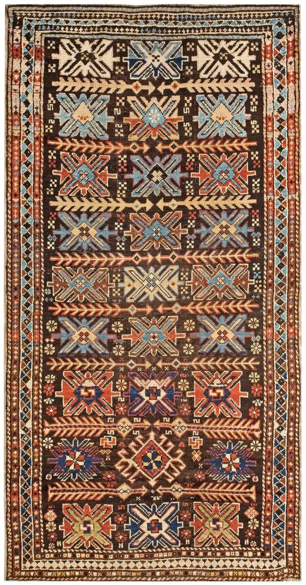Antique caucasian karabagh rug 3'4"×6'3" brown tribal, ivory border, circa 1900