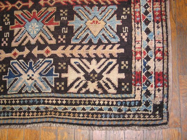 Antique caucasian karabagh rug 3'4"×6'3" brown tribal, ivory border, circa 1900 - detail view 1