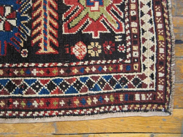 Antique caucasian karabagh rug 3'4"×6'3" brown tribal, ivory border, circa 1900 - detail view 2