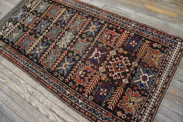 Antique caucasian karabagh rug 3'4"×6'3" brown tribal, ivory border, circa 1900 - detail view 3