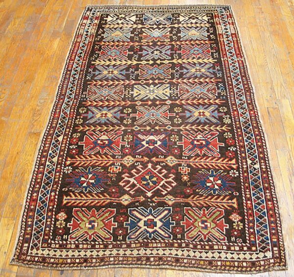 Antique caucasian karabagh rug 3'4"×6'3" brown tribal, ivory border, circa 1900 - detail view 4