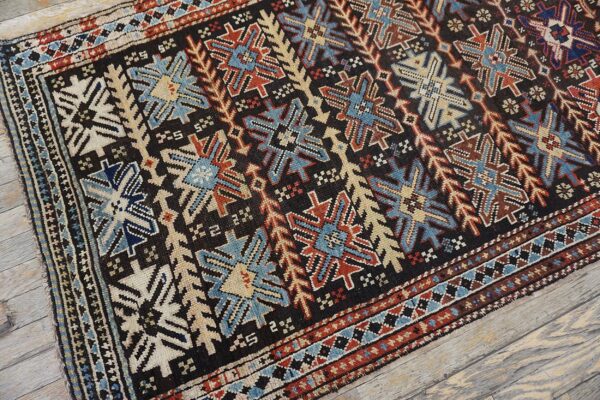 Antique caucasian karabagh rug 3'4"×6'3" brown tribal, ivory border, circa 1900 - detail view 5