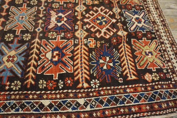Antique caucasian karabagh rug 3'4"×6'3" brown tribal, ivory border, circa 1900 - detail view 6