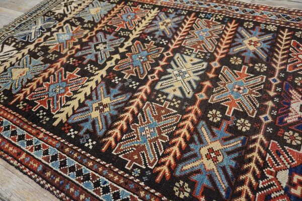 Antique caucasian karabagh rug 3'4"×6'3" brown tribal, ivory border, circa 1900 - detail view 7