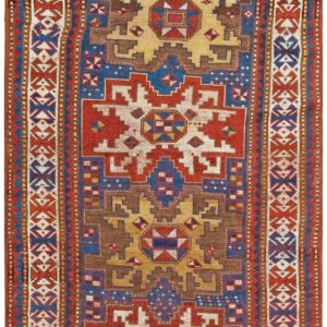 Antique Caucasian Kazak Rug 3'6"×5'10" Blue Geometric Tribal, 1900s