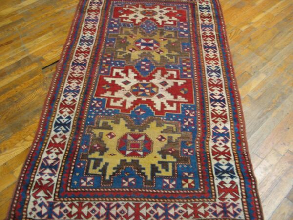 Antique caucasian kazak rug 3'6"×5'10" blue geometric tribal, 1900s 3 Antique caucasian kazak rug 3'6"×5'10" blue geometric tribal, 1900s - detail view 2