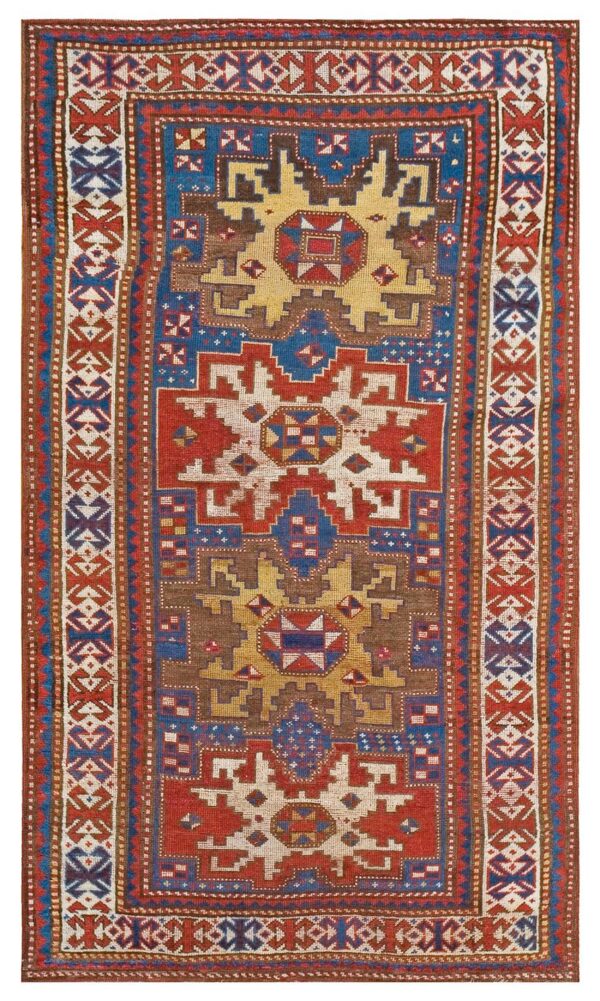 Antique caucasian kazak rug 3'6"×5'10" blue geometric tribal, 1900s 4 Antique caucasian kazak rug 3'6"×5'10" blue geometric tribal, 1900s - detail view 3