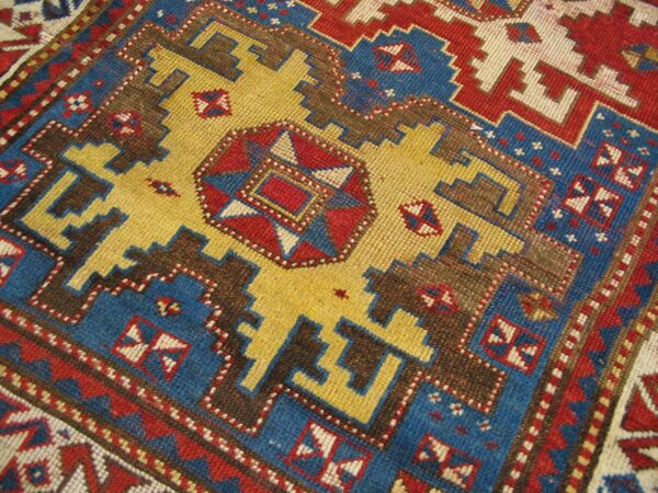 Antique caucasian kazak rug 3'6"×5'10" blue geometric tribal, 1900s 5 Antique caucasian kazak rug 3'6"×5'10" blue geometric tribal, 1900s - detail view 4