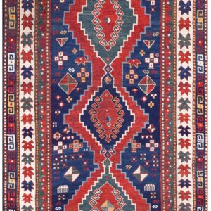 Antique Caucasian Kazak Rug 4'×7'7" Blue Medallion Design, 1890s