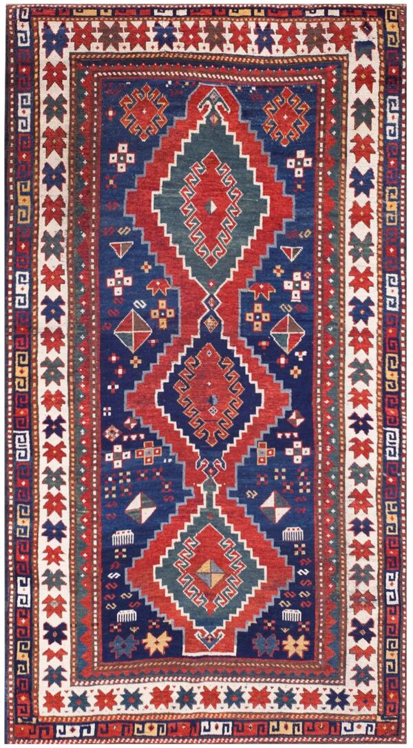 Antique caucasian kazak rug 4'×7'7" blue medallion design, 1890s 1 Antique caucasian kazak rug 4'×7'7" blue medallion design, 1890s