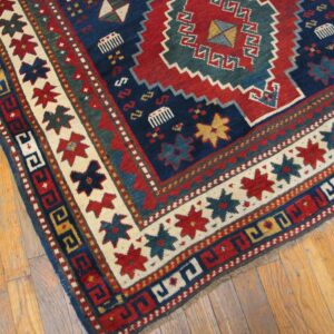 Antique Caucasian Kazak Rug 4'×7'7" Blue Medallion Design, 1890s - detail view 2
