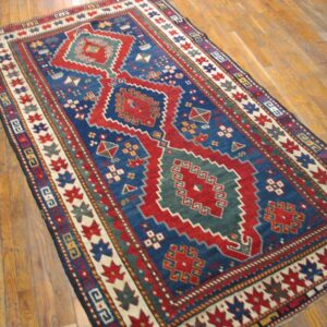 Antique Caucasian Kazak Rug 4'×7'7" Blue Medallion Design, 1890s - detail view 4