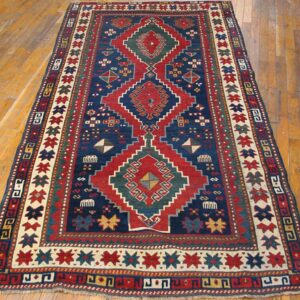 Antique Caucasian Kazak Rug 4'×7'7" Blue Medallion Design, 1890s - detail view 5