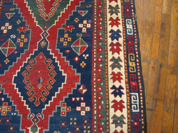 Antique caucasian kazak rug 4'×7'7" blue medallion design, 1890s 7 Antique caucasian kazak rug 4'×7'7" blue medallion design, 1890s - detail view 6