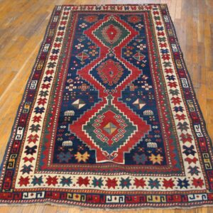 Antique Caucasian Kazak Rug 4'×7'7" Blue Medallion Design, 1890s - detail view 7