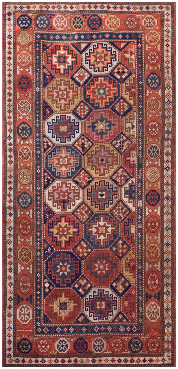 Antique caucasian kazak rug 4'×8'2" multi geometric, rose pink border, circa 1890 1 Antique caucasian kazak rug 4'×8'2" multi geometric, rose pink border, circa 1890