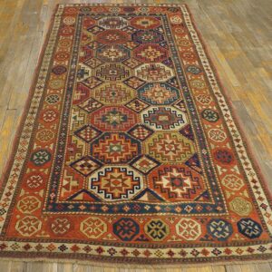 Antique Caucasian Kazak Rug 4'×8'2" Multi Geometric, Rose Pink Border, Circa 1890 - detail view 1