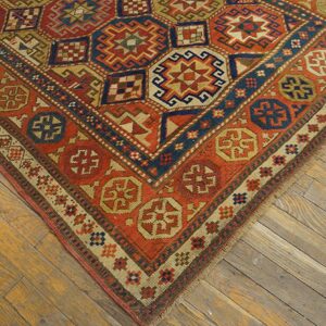 Antique Caucasian Kazak Rug 4'×8'2" Multi Geometric, Rose Pink Border, Circa 1890 - detail view 2