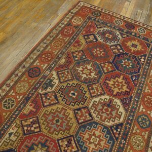 Antique Caucasian Kazak Rug 4'×8'2" Multi Geometric, Rose Pink Border, Circa 1890 - detail view 3