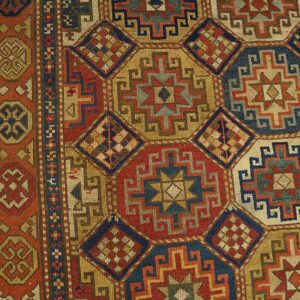 Antique Caucasian Kazak Rug 4'×8'2" Multi Geometric, Rose Pink Border, Circa 1890 - detail view 4