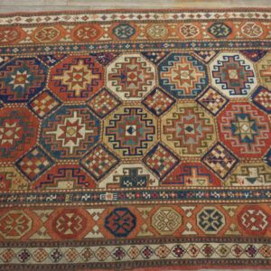 Antique Caucasian Kazak Rug 4'×8'2" Multi Geometric, Rose Pink Border, Circa 1890 - detail view 6