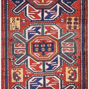 Antique Caucasian Kazak Rug 3'×6' Red on Red Geometric, 19th Century