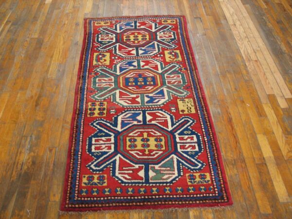 Antique caucasian kazak rug 3'×6' red on red geometric, 19th century 2 Antique caucasian kazak rug 3'×6' red on red geometric, 19th century - detail view 1