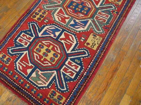 Antique caucasian kazak rug 3'×6' red on red geometric, 19th century 3 Antique caucasian kazak rug 3'×6' red on red geometric, 19th century - detail view 2