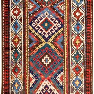 Antique Caucasian Moghan Rug 3'5"×9'5" Multi Geometric, Ivory Border, Circa 1890
