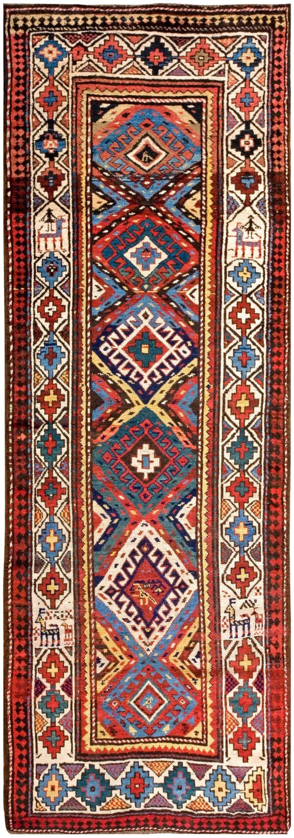 Antique caucasian moghan rug 3'5"×9'5" multi geometric, ivory border, circa 1890 1 Antique caucasian moghan rug 3'5"×9'5" multi geometric, ivory border, circa 1890