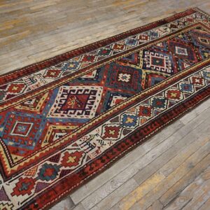 Antique Caucasian Moghan Rug 3'5"×9'5" Multi Geometric, Ivory Border, Circa 1890 - detail view 1