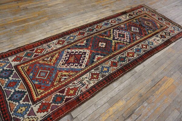 Antique caucasian moghan rug 3'5"×9'5" multi geometric, ivory border, circa 1890 2 Antique caucasian moghan rug 3'5"×9'5" multi geometric, ivory border, circa 1890 - detail view 1