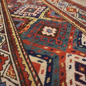 Antique Caucasian Moghan Rug 3'5"×9'5" Multi Geometric, Ivory Border, Circa 1890 - detail view 2