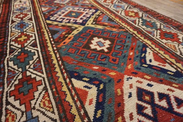 Antique caucasian moghan rug 3'5"×9'5" multi geometric, ivory border, circa 1890 3 Antique caucasian moghan rug 3'5"×9'5" multi geometric, ivory border, circa 1890 - detail view 2