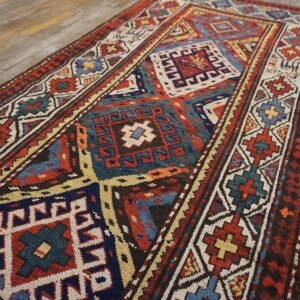 Antique Caucasian Moghan Rug 3'5"×9'5" Multi Geometric, Ivory Border, Circa 1890 - detail view 4
