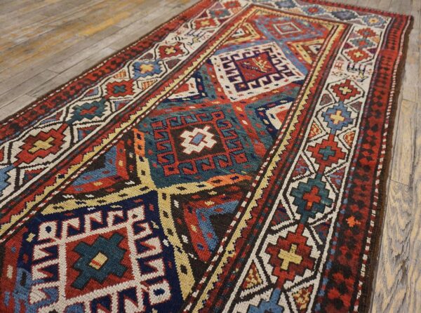 Antique caucasian moghan rug 3'5"×9'5" multi geometric, ivory border, circa 1890 5 Antique caucasian moghan rug 3'5"×9'5" multi geometric, ivory border, circa 1890 - detail view 4