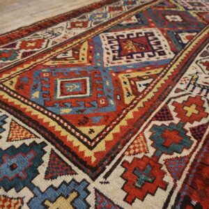 Antique Caucasian Moghan Rug 3'5"×9'5" Multi Geometric, Ivory Border, Circa 1890 - detail view 6