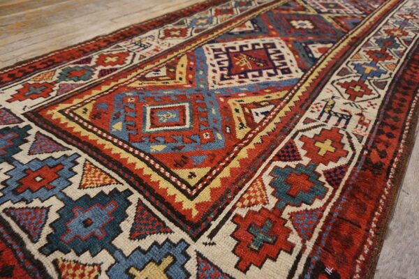 Antique caucasian moghan rug 3'5"×9'5" multi geometric, ivory border, circa 1890 7 Antique caucasian moghan rug 3'5"×9'5" multi geometric, ivory border, circa 1890 - detail view 6
